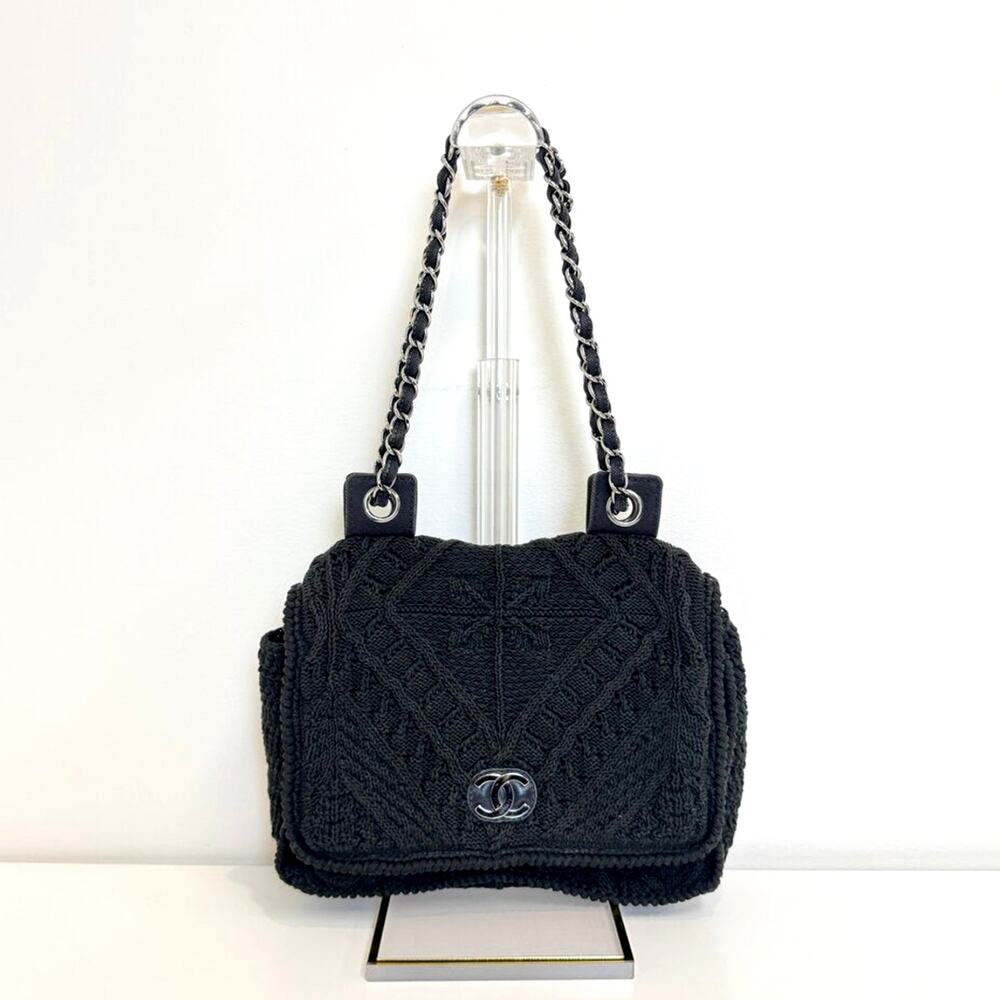 CHANEL Black Crochet Knit Medium CC Logo Single Flap Bag